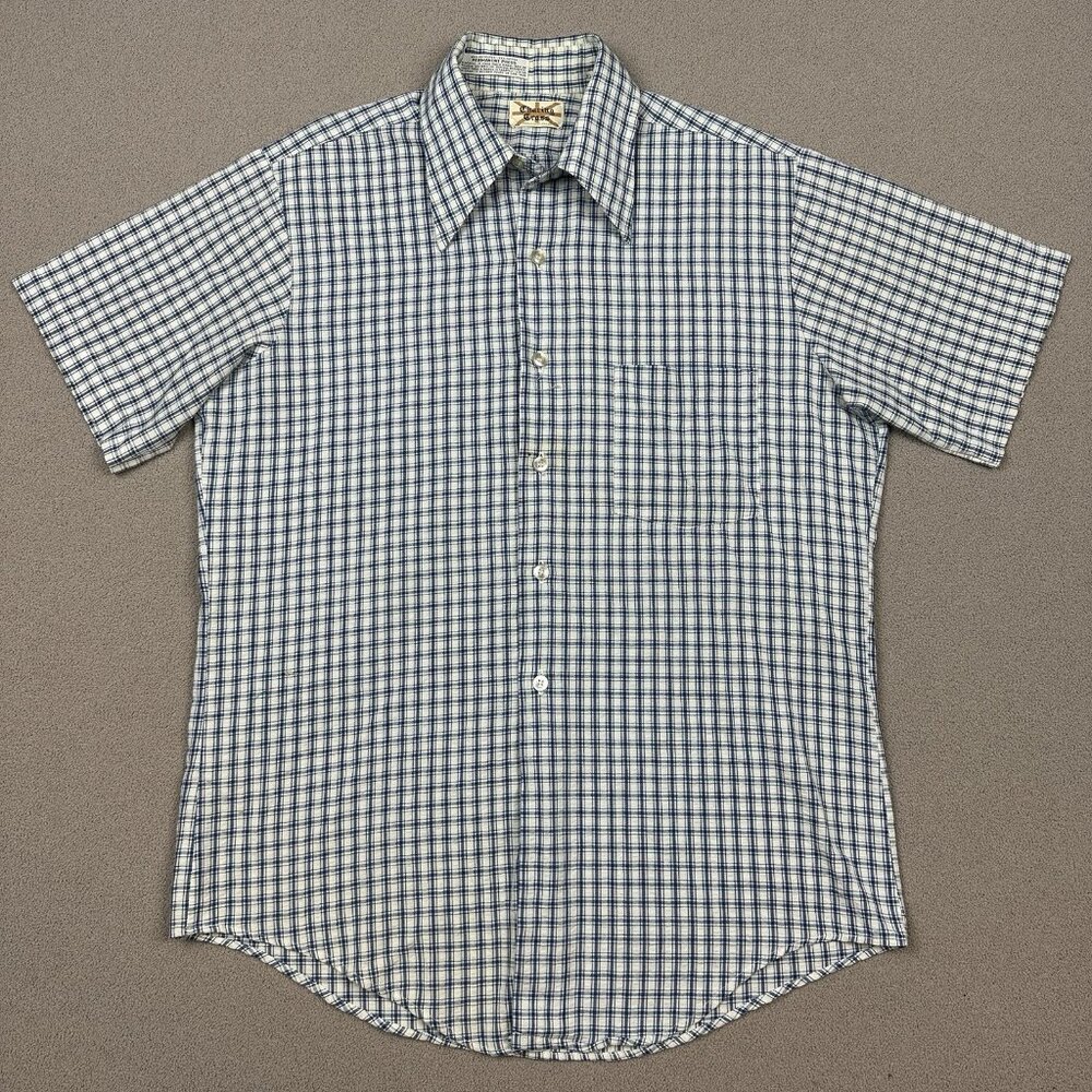 Vintage 70s Casual Poly Cotton Shirt Perm Press Charing Cross Crinkle Plaid USA